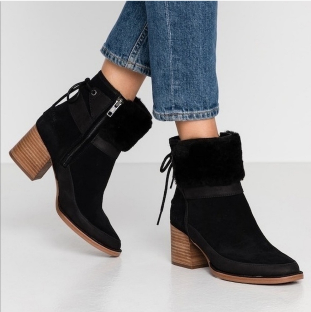 Ugg Kirke Suede Brushed Leather Shearling Stacked Heel Bootie Black Size 9 #458 - Picture 4 of 14